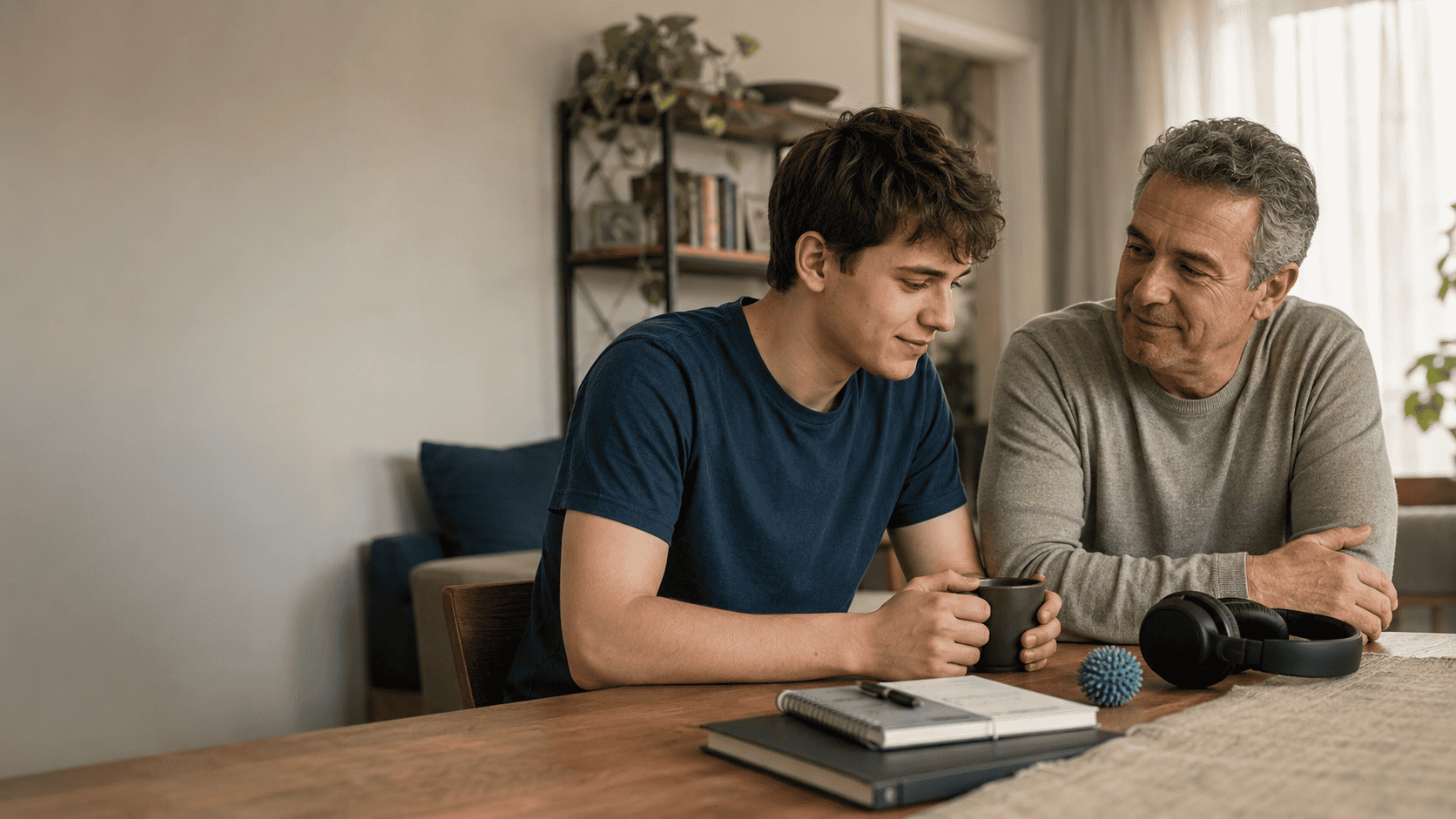 Young autistic man sitting at a table with his father in a calm home setting, with headphones and a sensory toy nearby.