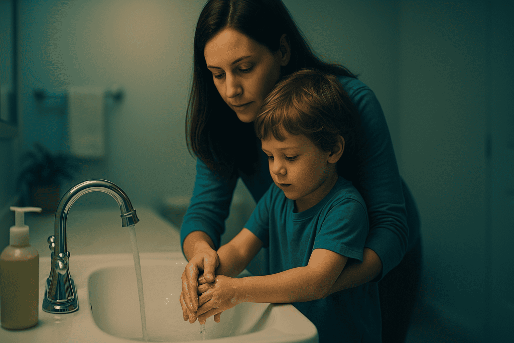 Parent assisting autistic child with handwashing in a softly lit, teal-toned bathroom, symbolizing self-care and independence.