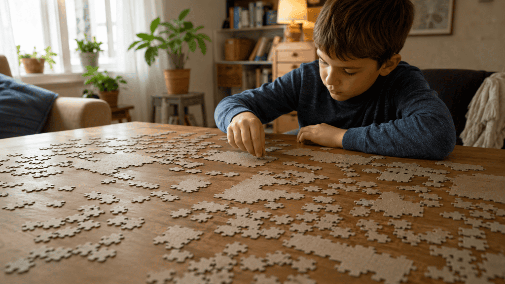 Child concentrating intensely while solving a large 500-piece jigsaw puzzle face-down on a wooden table.