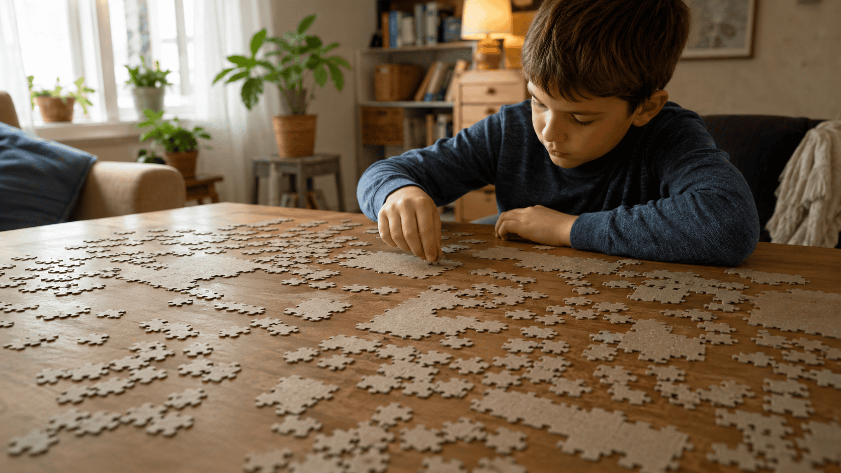 Child concentrating intensely while solving a large 500-piece jigsaw puzzle face-down on a wooden table.