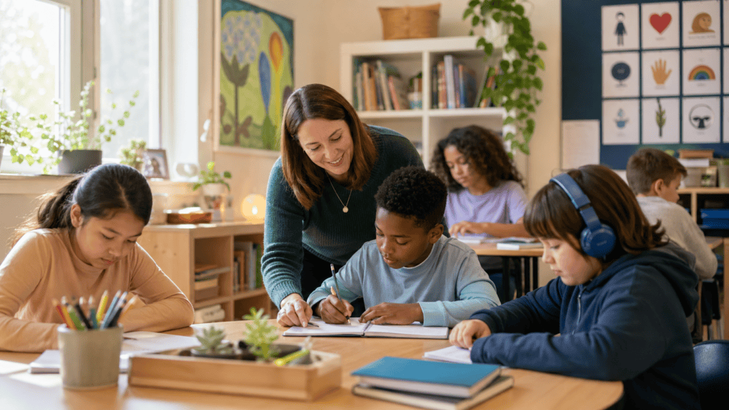 Teacher supporting students during a calm classroom activity with notebooks, pencils, visual supports, and sensory-friendly headphones nearby.