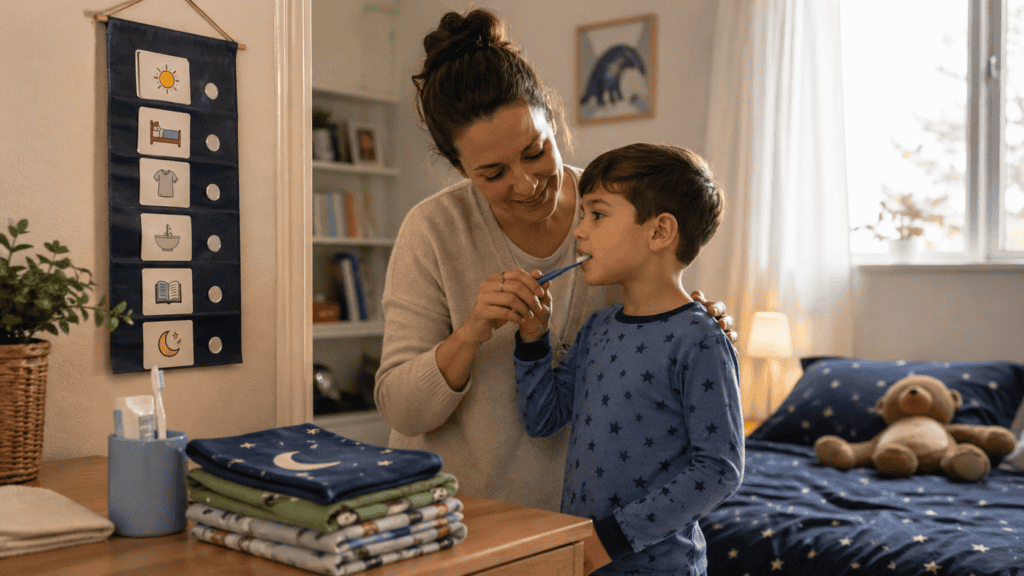 Parent helping a young child brush teeth beside a visual routine chart in a calm, cozy home setting.