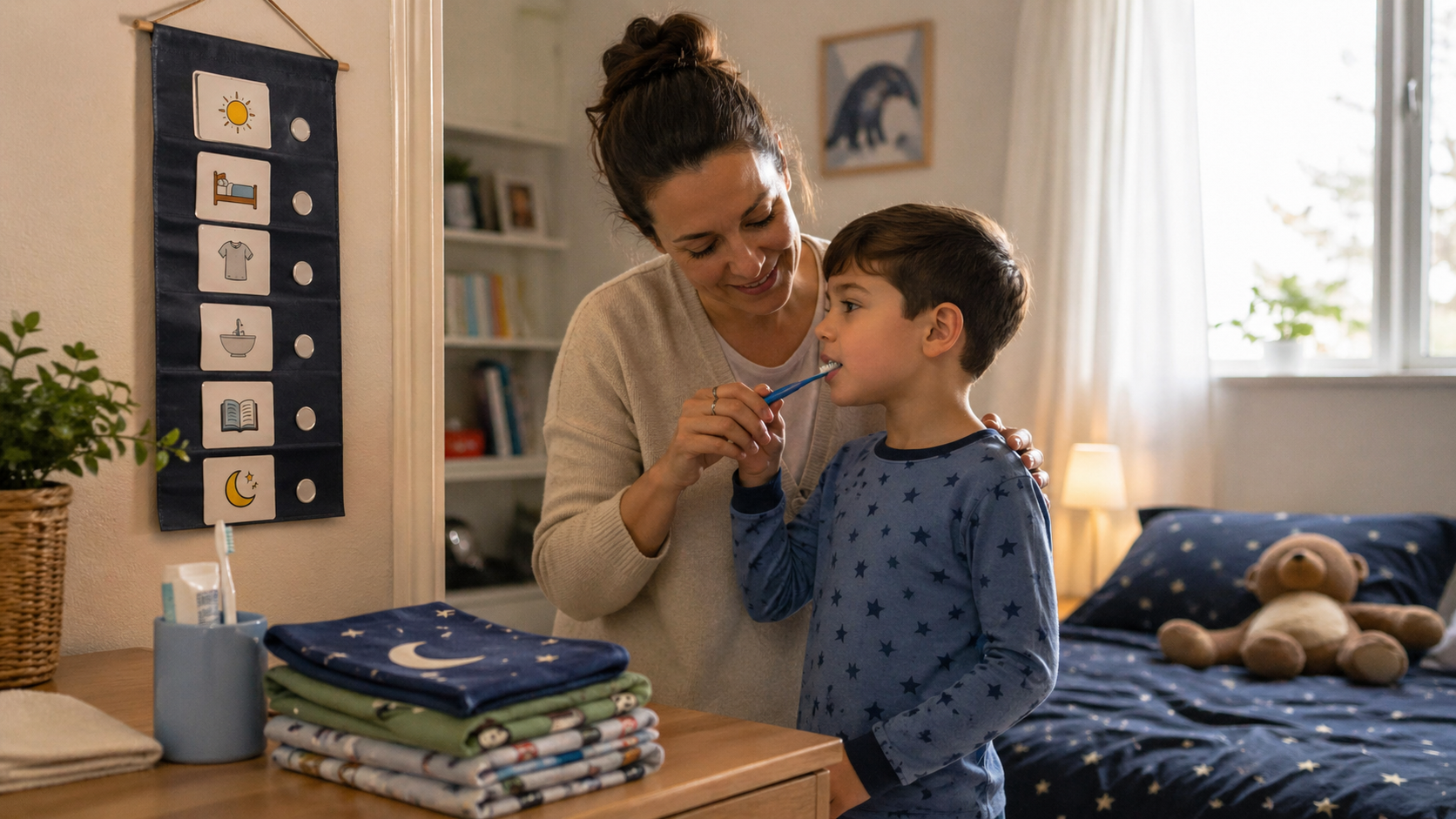 Parent helping a young child brush teeth beside a visual routine chart in a calm, cozy home setting.