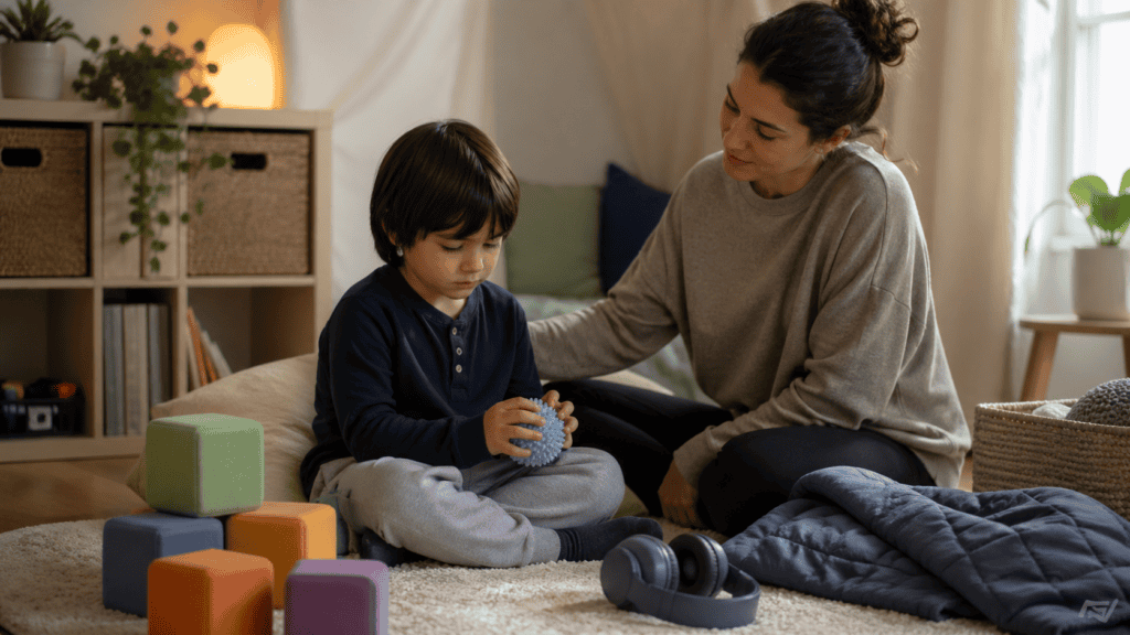 Parent supporting a young child in a calm sensory-friendly corner at home.