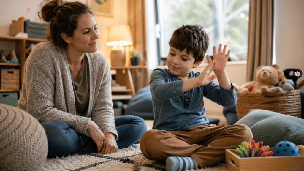 Autistic child calmly stimming with a supportive parent nearby in a cozy home setting.
