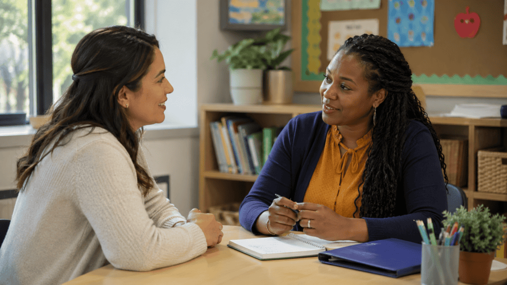 Parent and teacher having a supportive school meeting at a table with a notebook, folder, and classroom materials nearby.