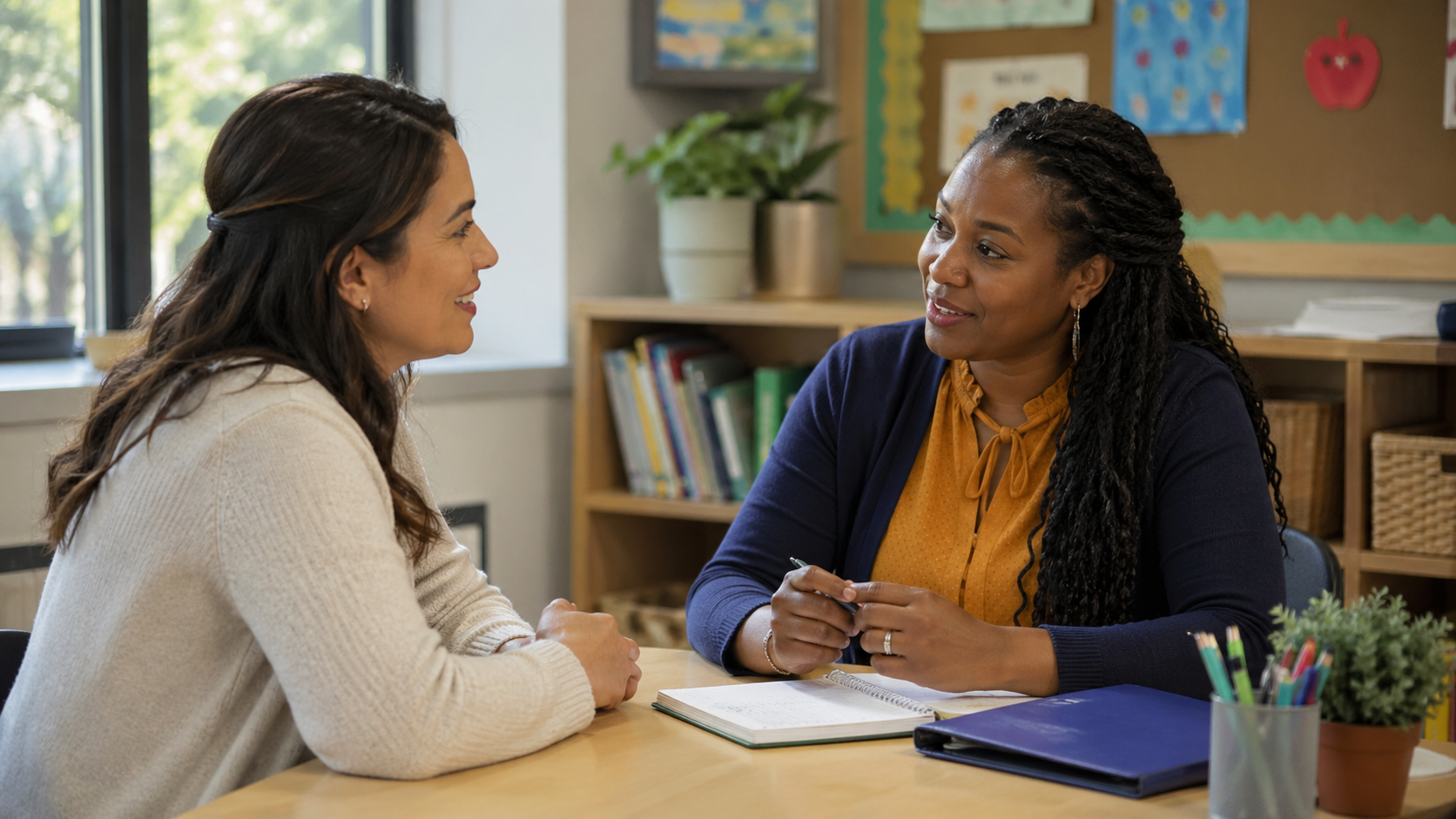Parent and teacher having a supportive school meeting at a table with a notebook, folder, and classroom materials nearby.