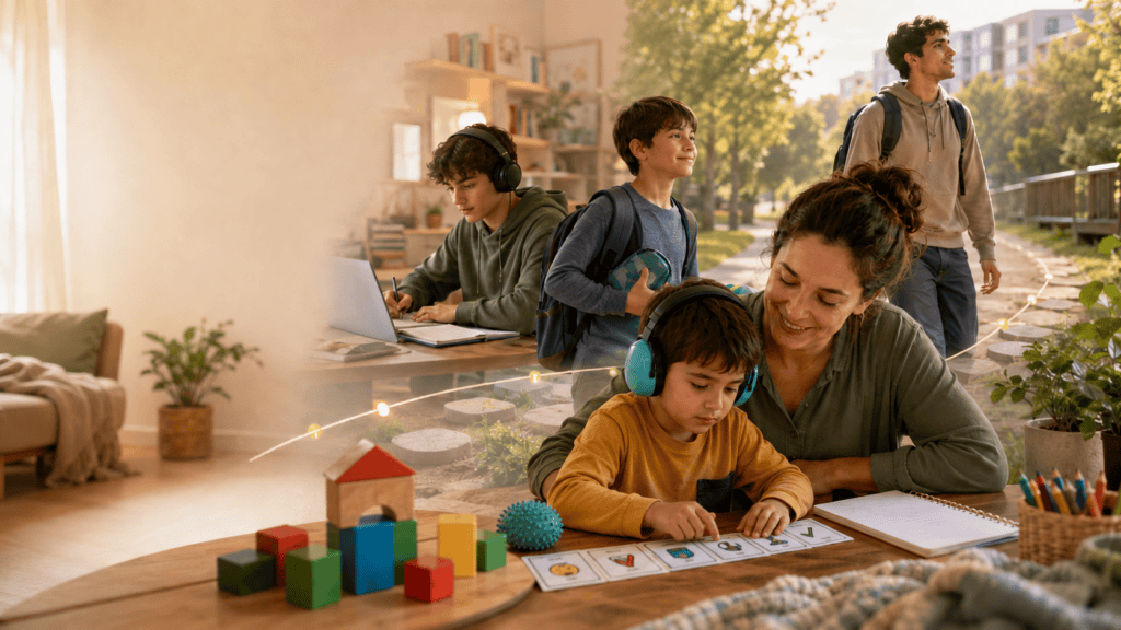Parent supporting an autistic child with visual schedule cards while older children and a young adult appear along a hopeful life-stage pathway.