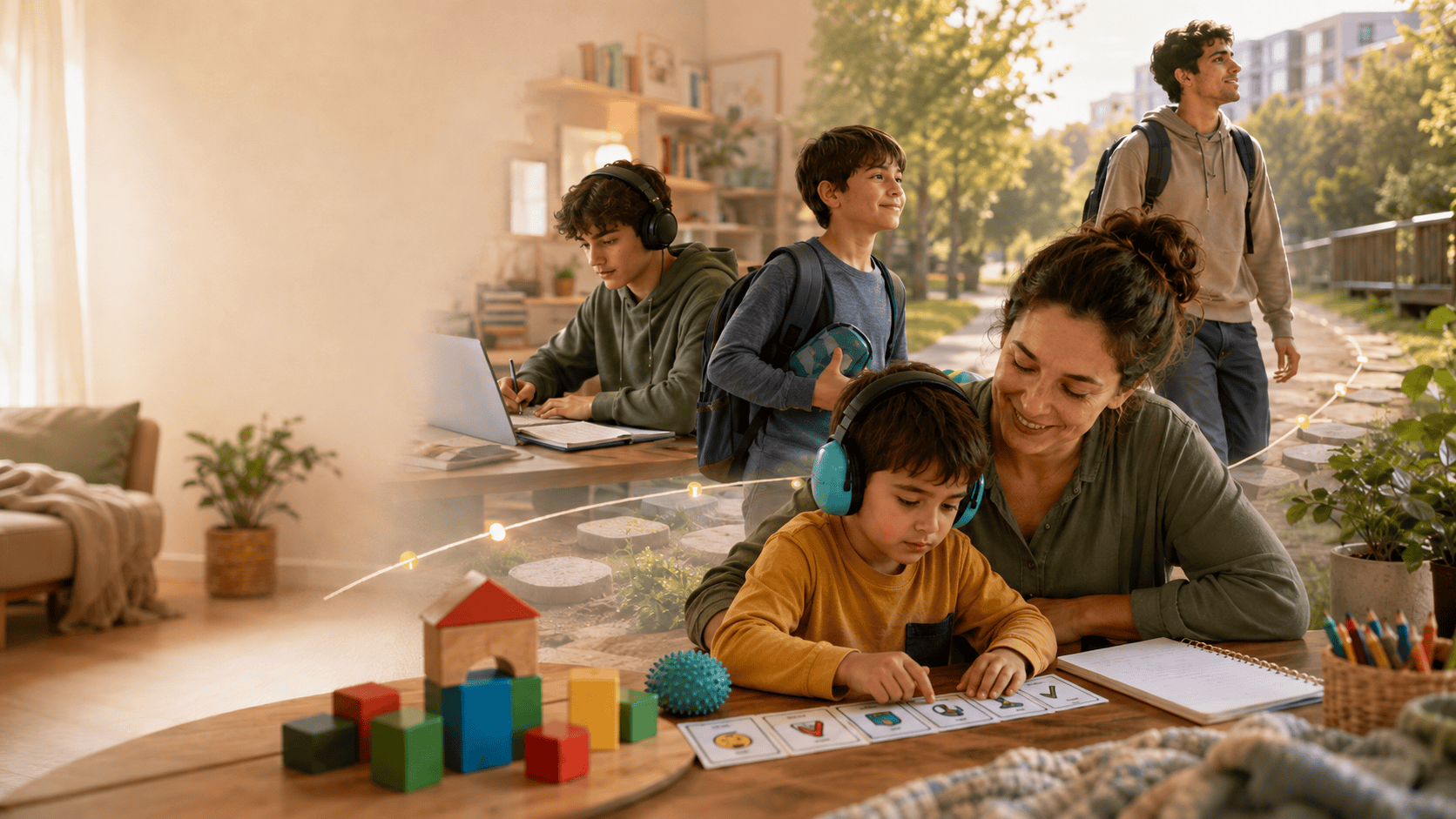Parent supporting an autistic child with visual schedule cards while older children and a young adult appear along a hopeful life-stage pathway.