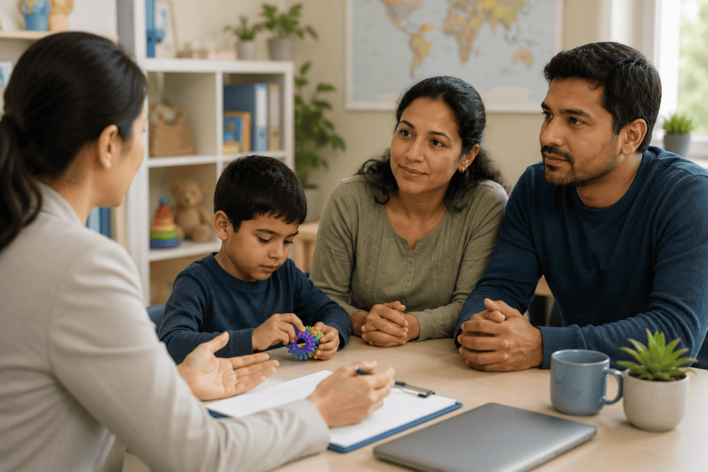 Newcomer parents meeting with an assessment professional while their young autistic son plays quietly with a sensory toy.