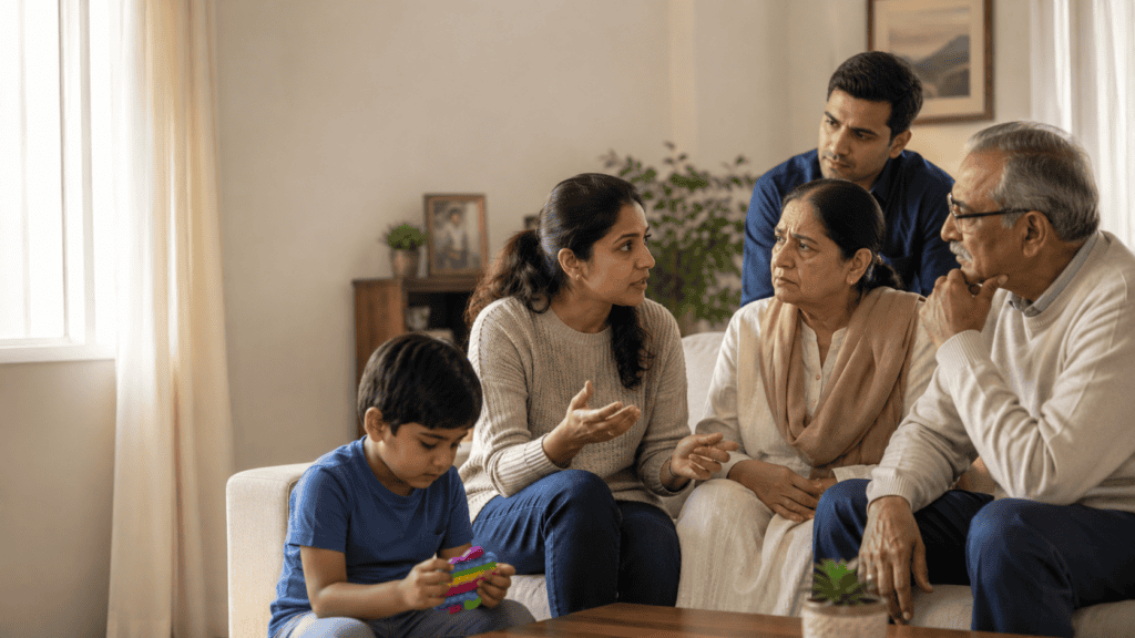 Parent discussing autism with older relatives while her young autistic son sits nearby with a sensory toy.