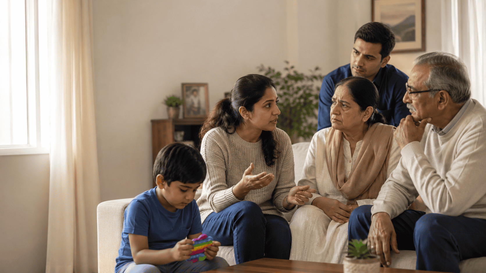 Parent discussing autism with older relatives while her young autistic son sits nearby with a sensory toy.