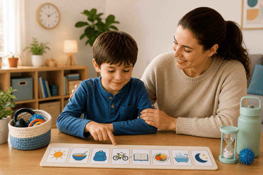 Parent and autistic child using a visual daily routine schedule together in a calm home setting.