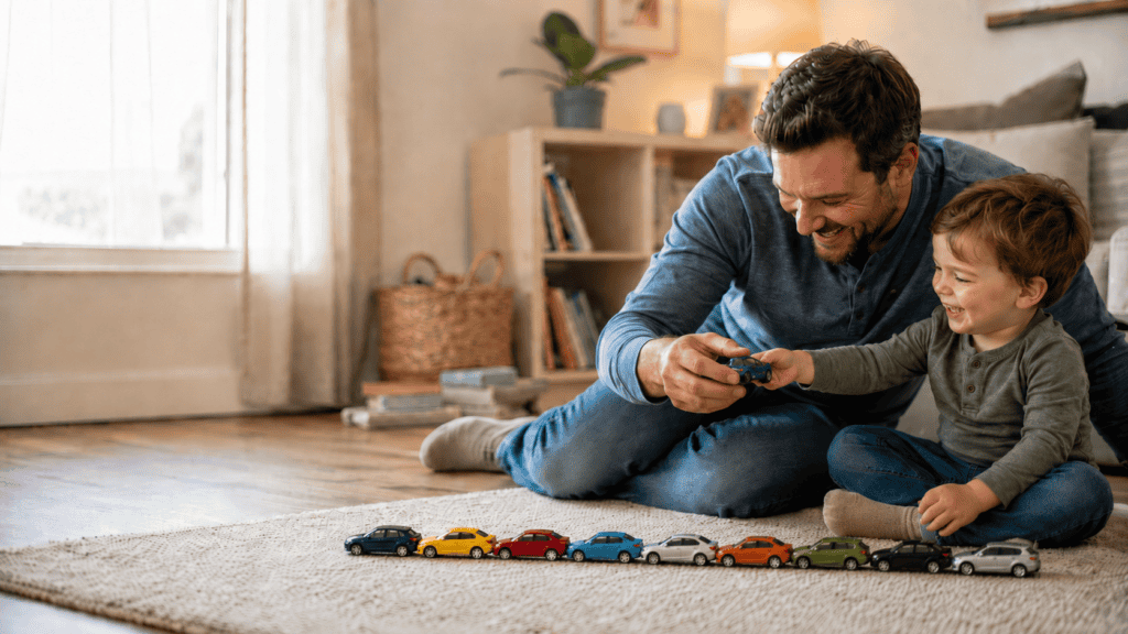 Father and toddler laughing together while lining up toy cars bumper to bumper on a living room rug.