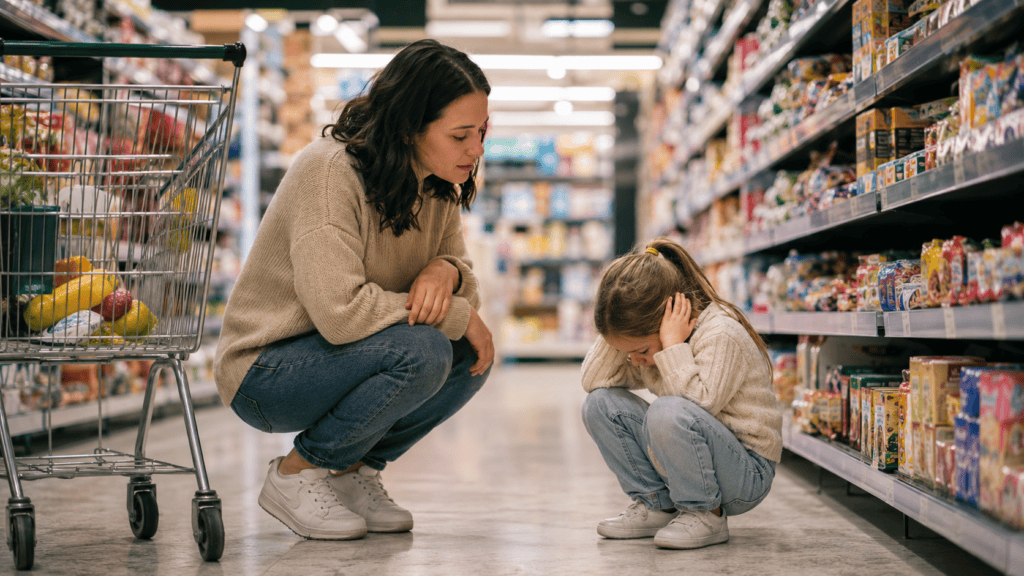 Child having a difficult moment in a supermarket aisle while a parent crouches nearby with calm support.