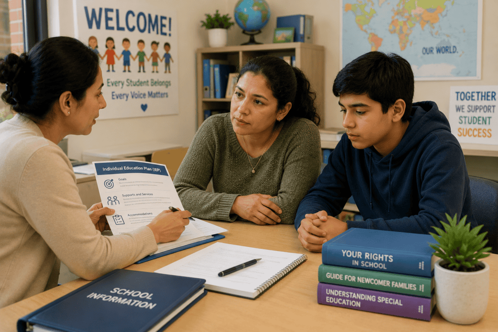 Newcomer parent and autistic son meeting with a school staff member to discuss support, resources, and next steps.