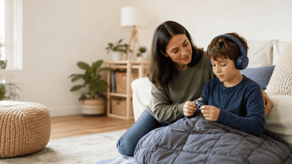 Parent supporting an autistic child using headphones, a fidget toy, and a weighted blanket in a calm home setting.